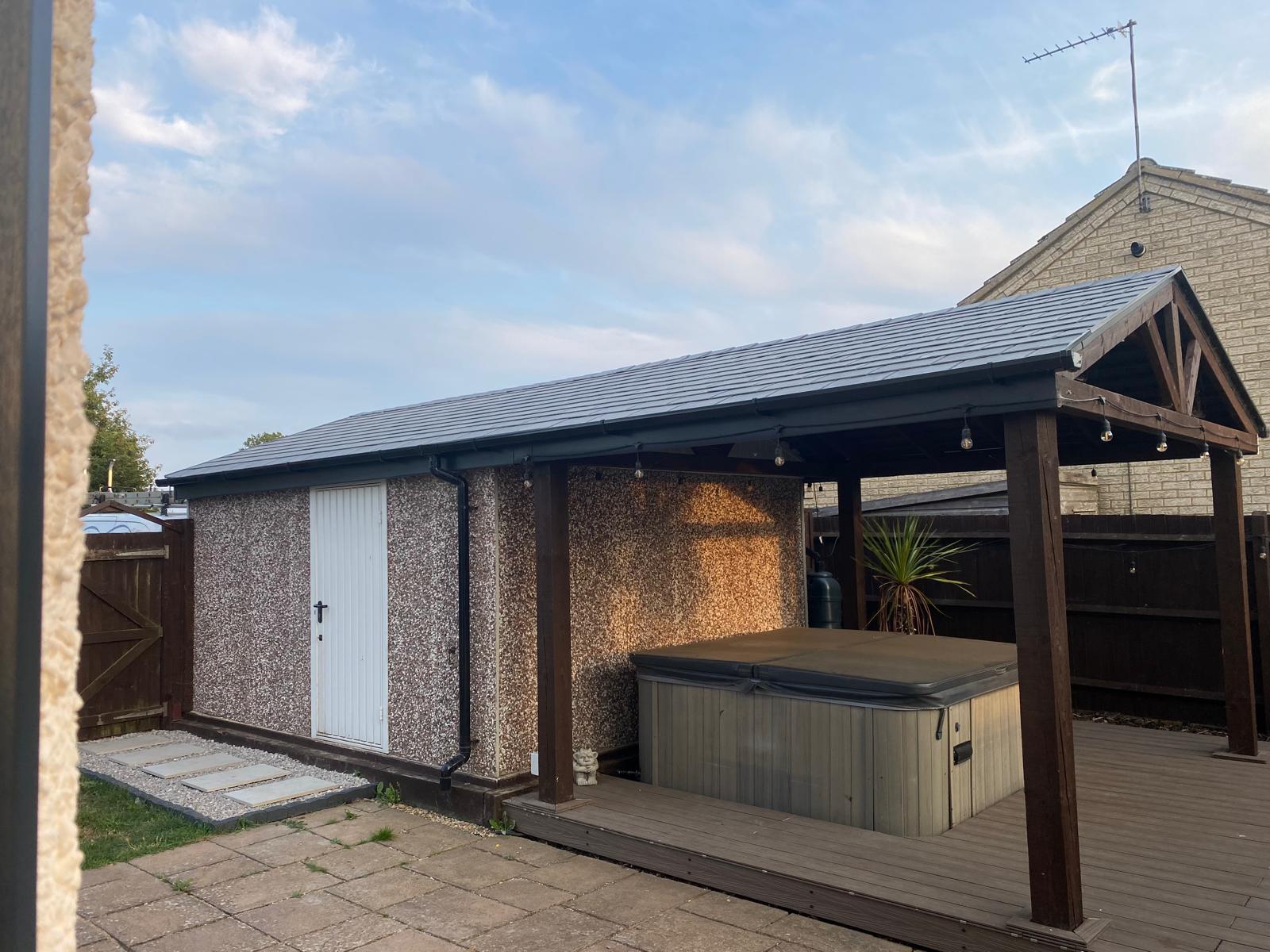 Hot tub and garage roof 